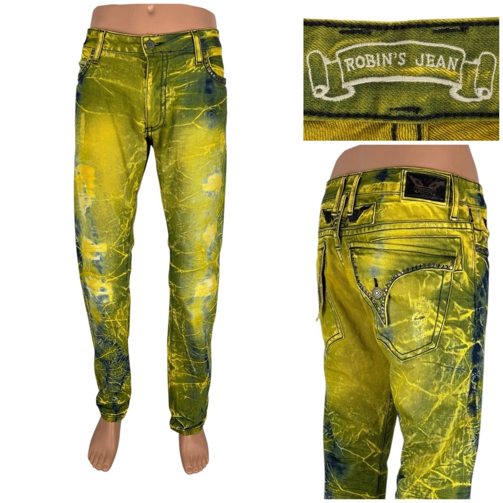 Robin's Mens 36 X 33 Jeans Long Flap Slim Yellow Blue Embellished Distressed EUC